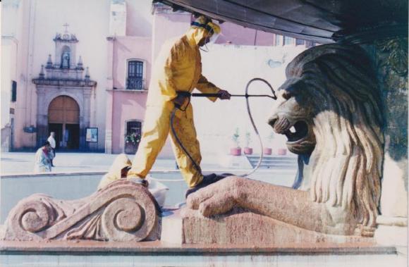 Trabajador limpiando la Fuente de los Leones 