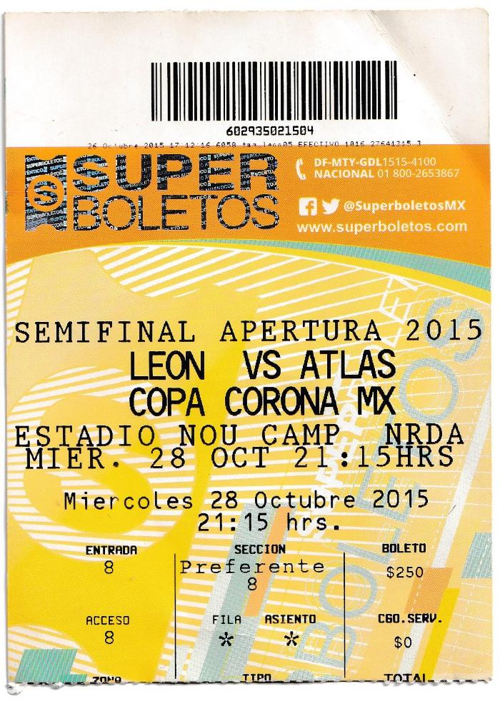 Boleto León vs Atlas, semifinal Copa Corona MX 2015