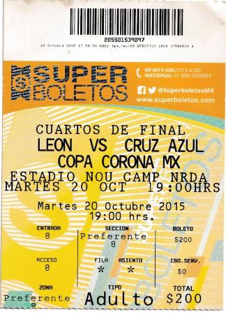 Boleto León vs Cruz Azul, cuartos de final Copa Corona MX 2015