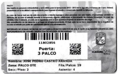 Tarjeta palcos oriente Apertura 2012 y Clausura 2013