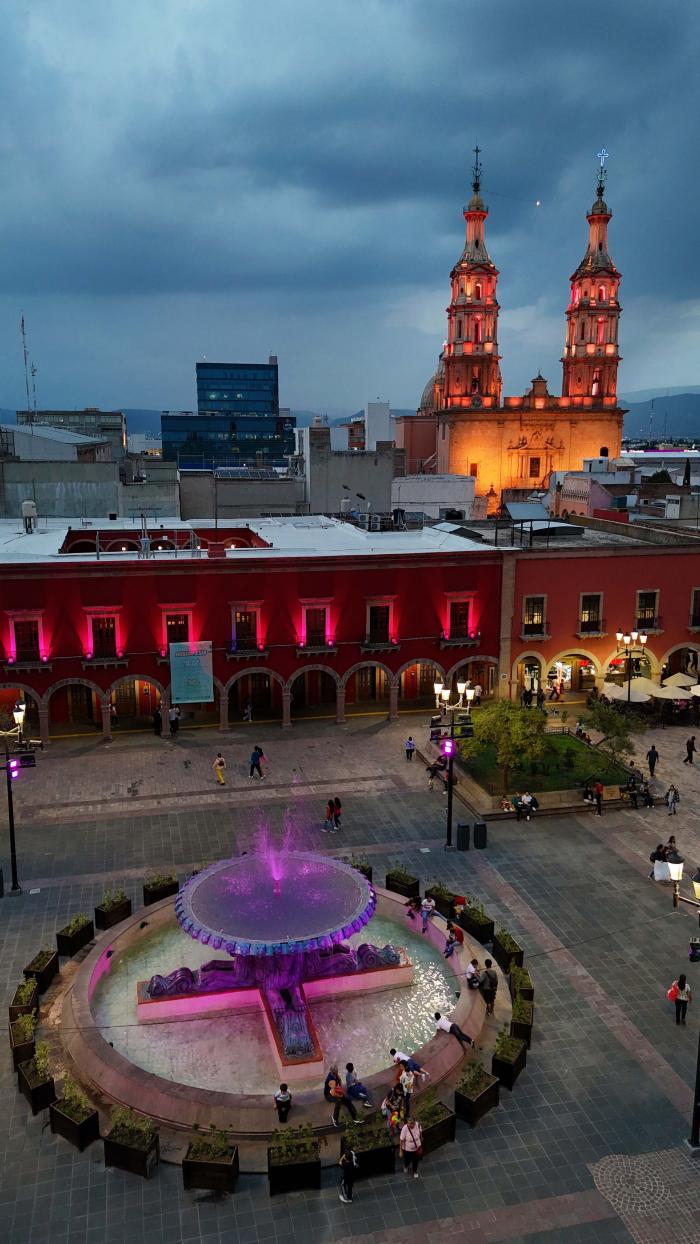 Vista aérea de la Fuente de los Leones, Casa de la Cultura y Catedral 