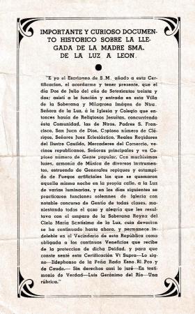 Estampa conmemorativa de la Madre Santísima de la Luz, 1942