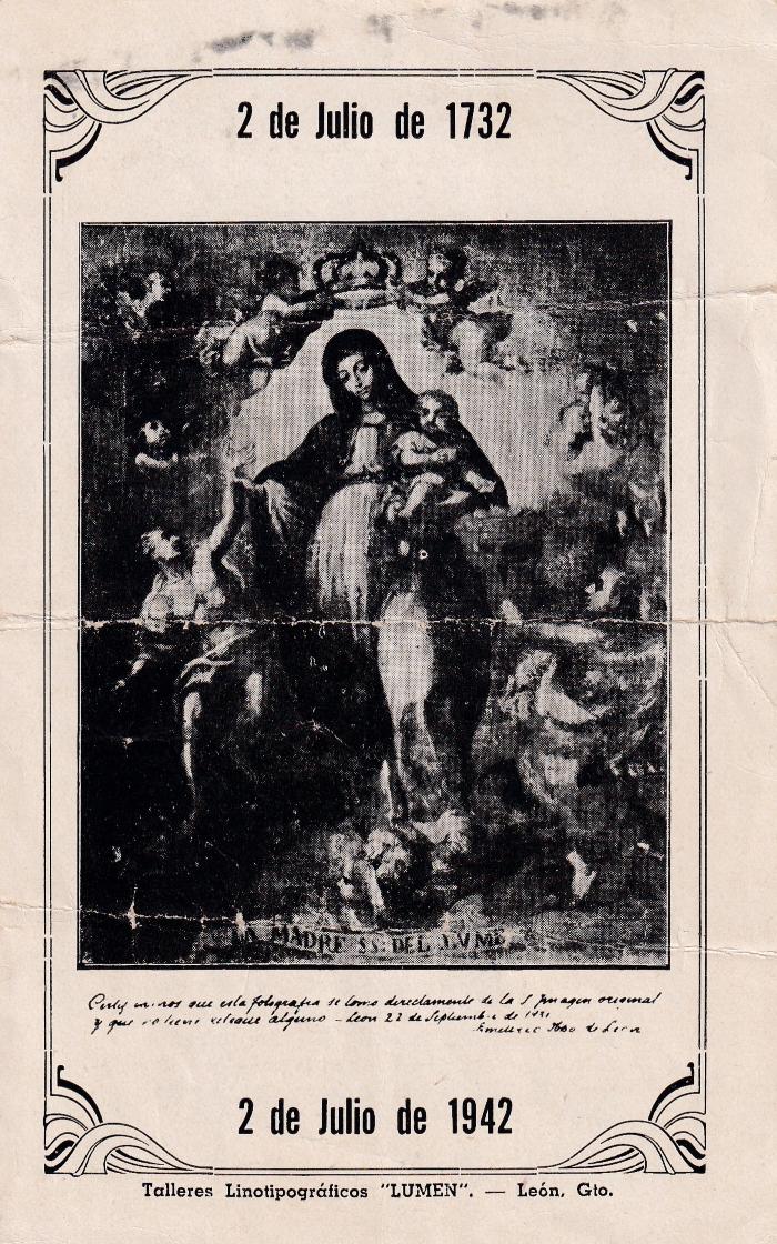 Estampa conmemorativa de la Madre Santísima de la Luz, 1942