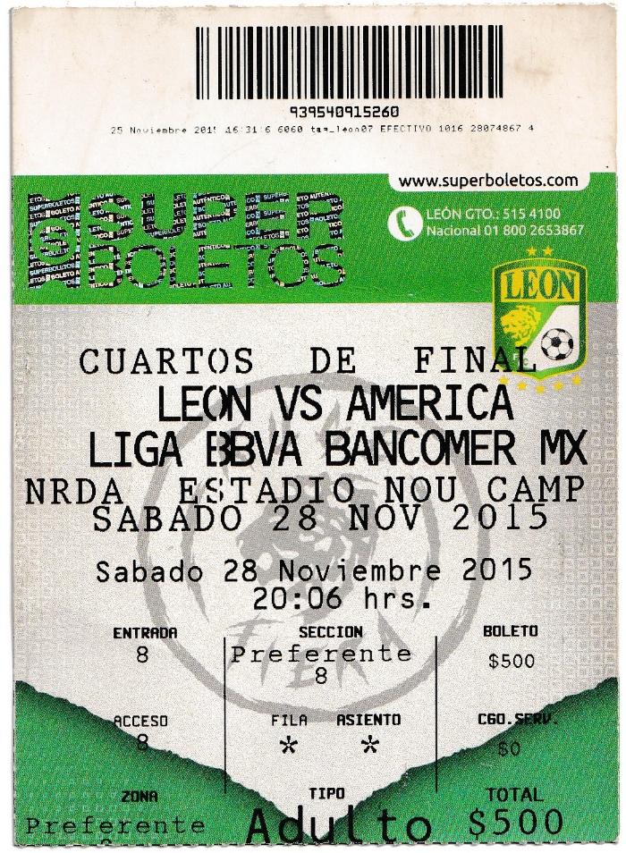 Boleto cuartos de Final del Torneo de Apertura 2015