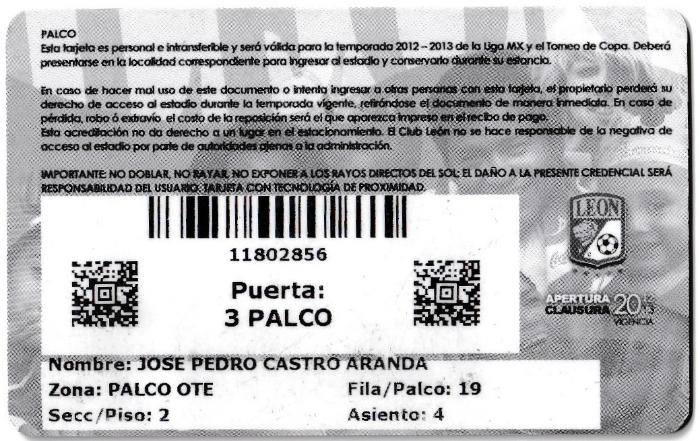 Tarjeta palcos oriente Apertura 2012 y Clausura 2013