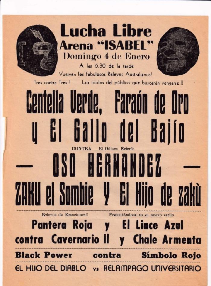 Centella Verde, Faraón de Oro y el Gallo del Bajío, cartel de lucha libre en la Arena Isabel