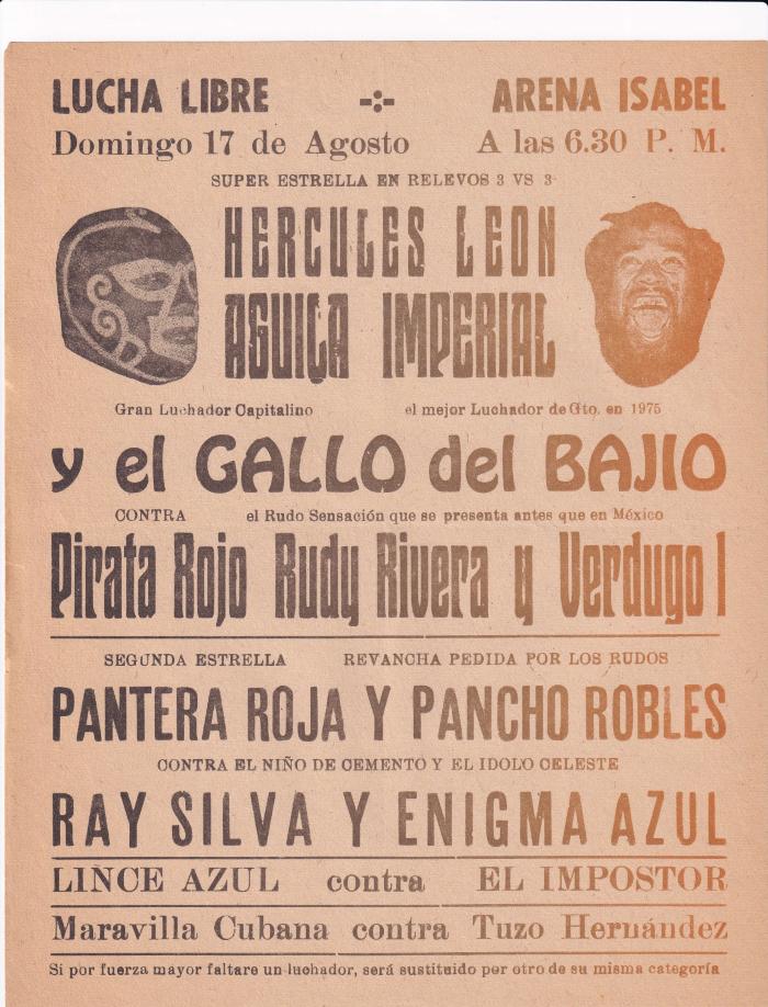 Hércules León, Águila Imperial y Gallo del Bajío, cartel de lucha libre en la Arena Isabel