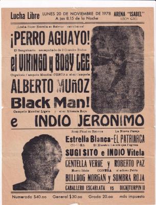 Perro Aguayo, el Vikingo y Bobby Lee, cartel de lucha libre en la Arena Isabel
