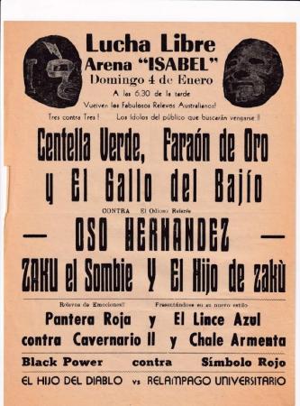 Centella Verde, Faraón de Oro y el Gallo del Bajío, cartel de lucha libre en la Arena Isabel