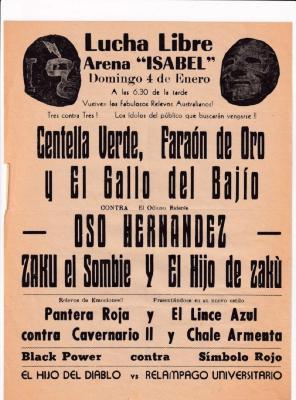 Centella Verde, Faraón de Oro y el Gallo del Bajío, cartel de lucha libre en la Arena Isabel