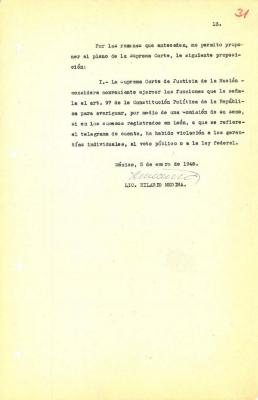 Proposición a la Suprema Corte firmada por Hilario Medina para que la SCJN investigue los sucesos acontecidos en León, Guanajuato en el año de 1946  