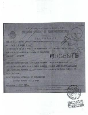 Telegrama de la Confederación Nacional de Estudiantes (C.N.E.) al Presidente de la Comisión Permanente del Congreso de la Unión 