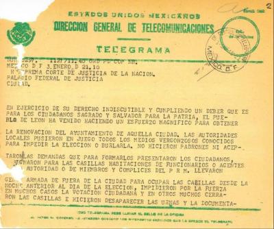  Telegrama de Manuel Gómez Morín y Roberto Cosío para la SCJN

