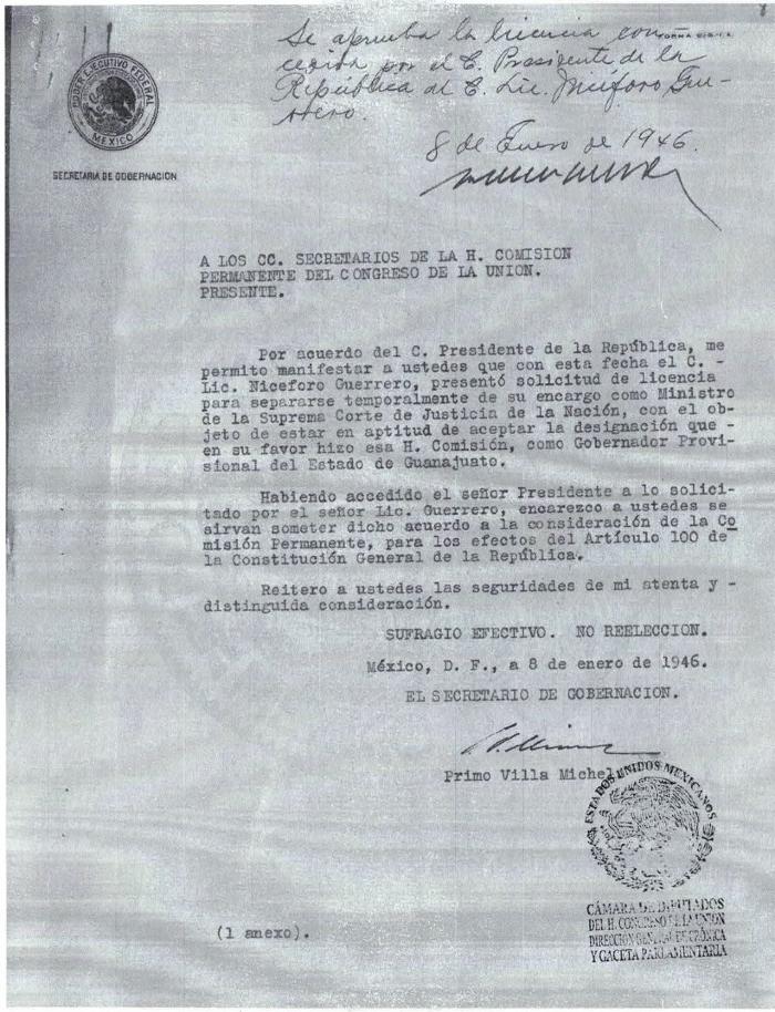 Oficios del proceso de designación de Nicéforo Guerrero como Gobernador Provisional del Estado de Guanajuato con fecha del 8 de enero de 1946 