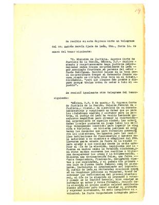 Transcripción de telegramas recibidos en la Suprema Corte de Justicia de la Nación con motivo de los sucesos acontecidos en León, Guanajuato en el mes de enero de 1946