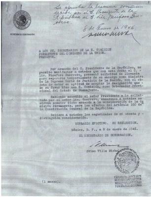 Oficios del proceso de designación de Nicéforo Guerrero como Gobernador Provisional del Estado de Guanajuato con fecha del 8 de enero de 1946 