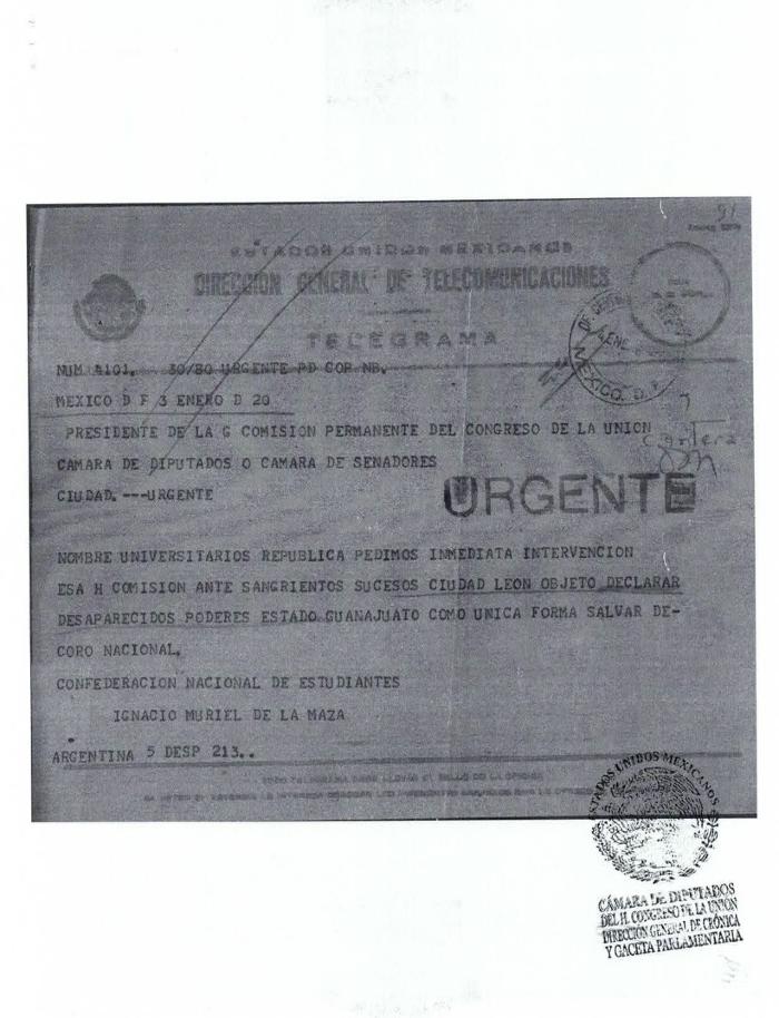 Telegrama de la Confederación Nacional de Estudiantes (C.N.E.) al Presidente de la Comisión Permanente del Congreso de la Unión 