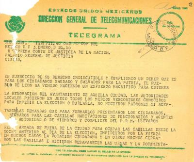 Telegrama de MANUEL GÓMEZ MORIN, ROBERTO COSSÍO Y COSÍO. 