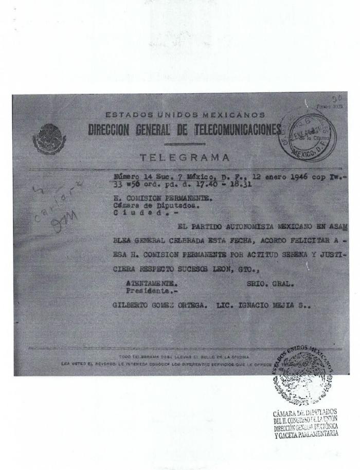Telegrama del Partido Autonomista Mexicano (P.A.M.) a la H. Comisión Permanente de la Cámara de Diputados
