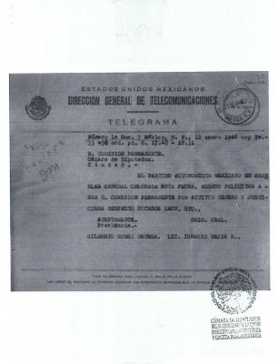 Telegrama del Partido Autonomista Mexicano (P.A.M.) a la H. Comisión Permanente de la Cámara de Diputados