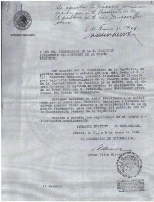 Oficios del proceso de designación de Nicéforo Guerrero como Gobernador Provisional del Estado de Guanajuato con fecha del 8 de enero de 1946 