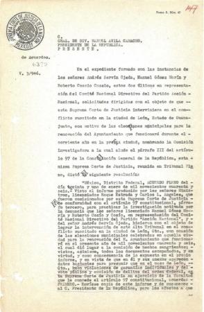 Oficio de la Suprema Corte de Justicia de la Nación dirigido al Presidente de la República Manuel Ávila Camacho