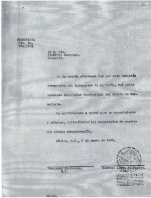 Nombramiento del C. Lic. Nicéforo Guerrero como Gobernador Provisional del Estado de Guanajuato