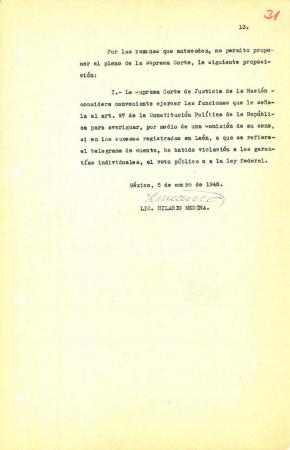 Proposición a la Suprema Corte firmada por Hilario Medina para que la SCJN investigue los sucesos acontecidos en León, Guanajuato en el año de 1946  