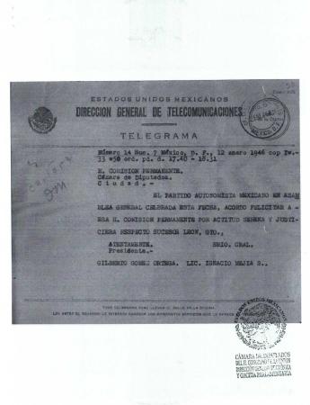 Telegrama del Partido Autonomista Mexicano (P.A.M.) a la H. Comisión Permanente de la Cámara de Diputados