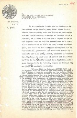 Oficio de la Suprema Corte de Justicia de la Nación dirigido al Presidente de la República Manuel Ávila Camacho