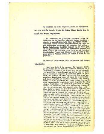 Transcripción de telegramas recibidos en la Suprema Corte de Justicia de la Nación con motivo de los sucesos acontecidos en León, Guanajuato en el mes de enero de 1946