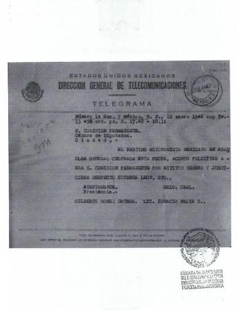 Telegrama del Partido Autonomista Mexicano (P.A.M.) a la H. Comisión Permanente de la Cámara de Diputados