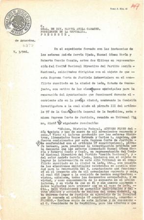 Oficio de la Suprema Corte de Justicia de la Nación dirigido al Presidente de la República Manuel Ávila Camacho