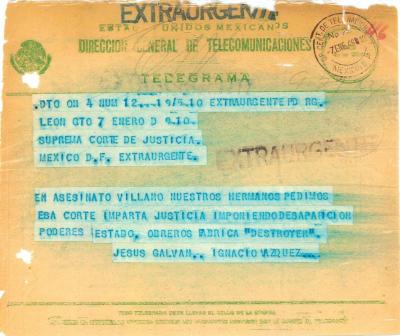 Telegramas de representantes y empleados de fábricas de calzado y organizaciones condenando la masacre en León