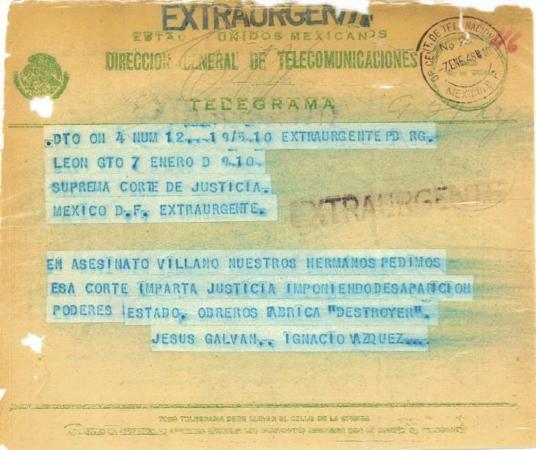 Telegramas de representantes y empleados de fábricas de calzado y organizaciones condenando la masacre en León