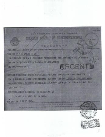 Telegrama de la Confederación Nacional de Estudiantes (C.N.E.) al Presidente de la Comisión Permanente del Congreso de la Unión 