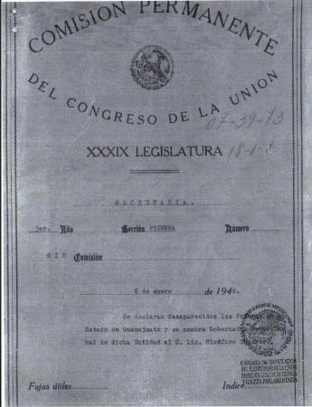 Expediente de proceso legislativo en el que se declaran desaparecidos los poderes del Estado de Guanajuato y se nombra Gobernador provisional de dicha entidad a Nicéforo Guerrero