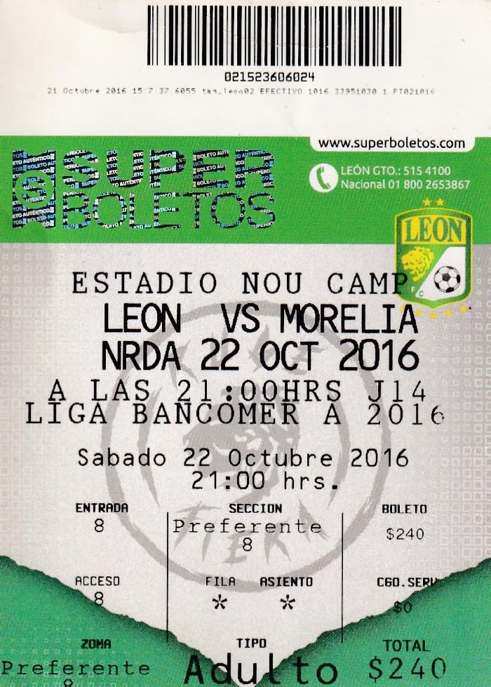 Boleto León vs Morelia, Apertura 2016