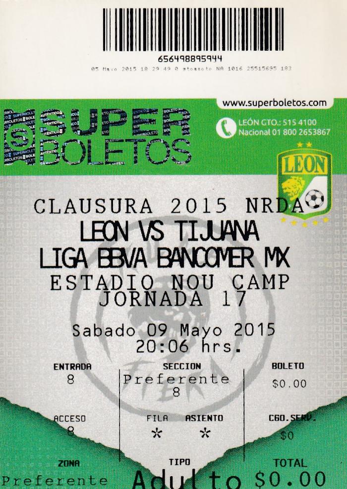 Boleto León vs Tijuana, Clausura 2015