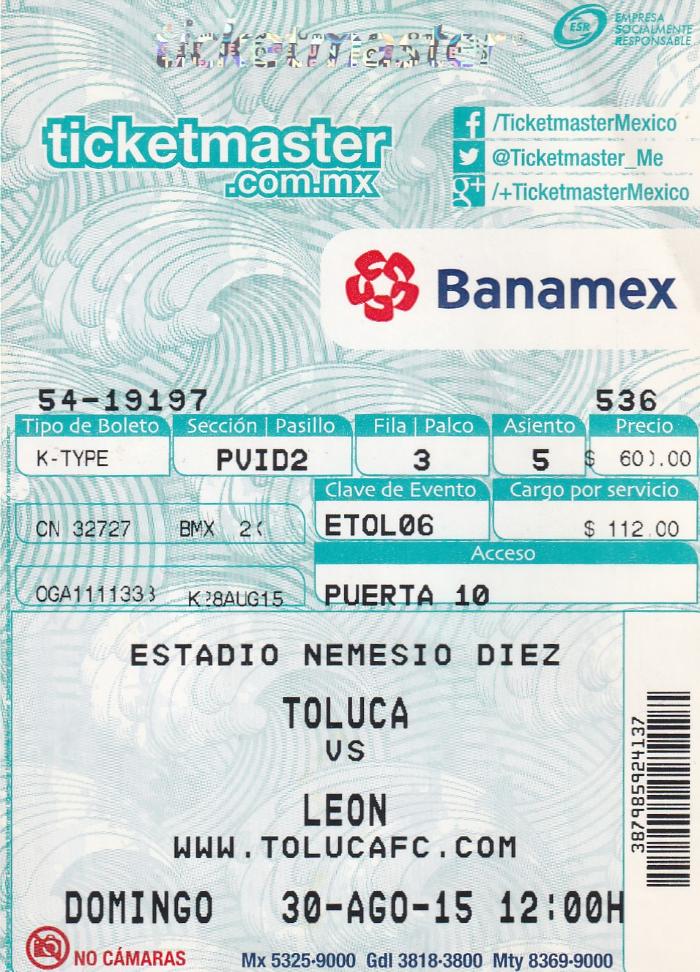 Boleto Toluca vs León, Apertura 2015