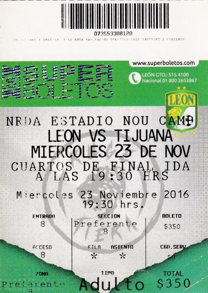 Boleto León vs Tijuana, cuartos de final Apertura 2016 