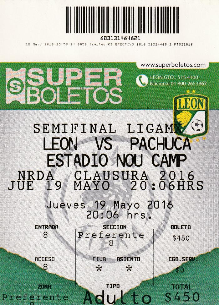 Boleto León vs Pachuca, semifinal Clausura 2016