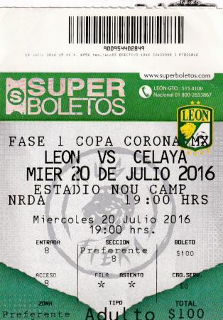 Boleto León vs Celaya, Copa Corona Mx 2016