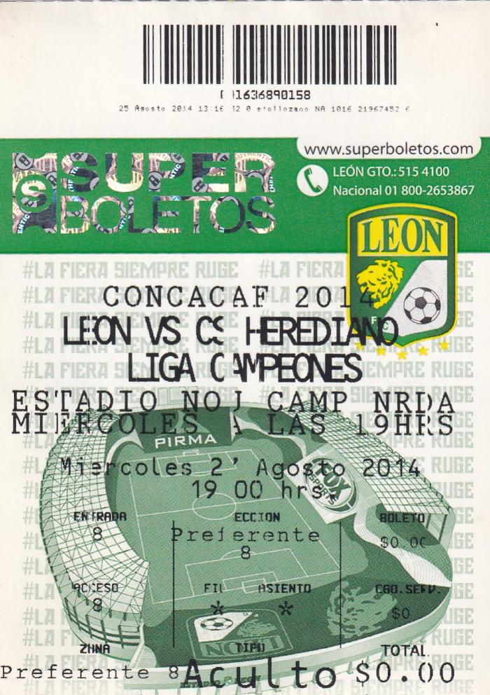 Boleto León vs Herediano, Liga de Campeones CONCACAF, 2014
