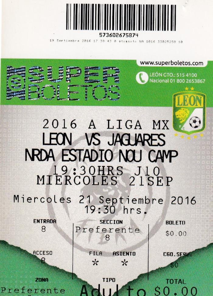 Boleto León vs Jaguares, Apertura 2016
