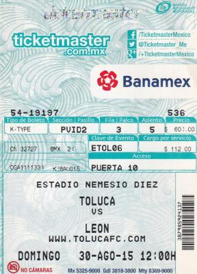 Boleto Toluca vs León, Apertura 2015