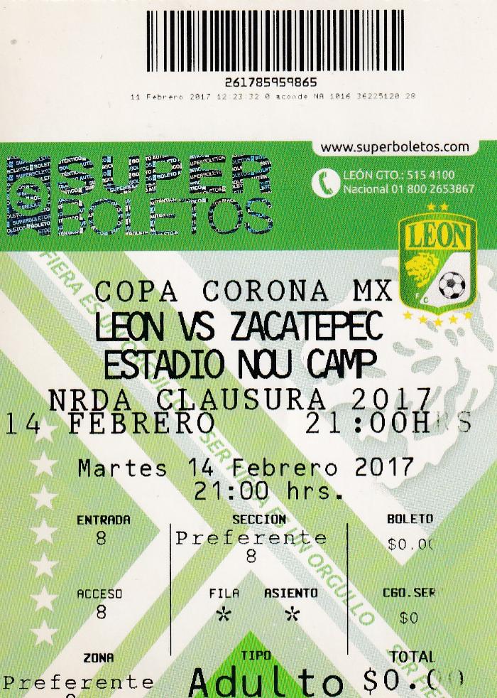 Boleto León vs Zacatepec, Copa Corona MX 2017