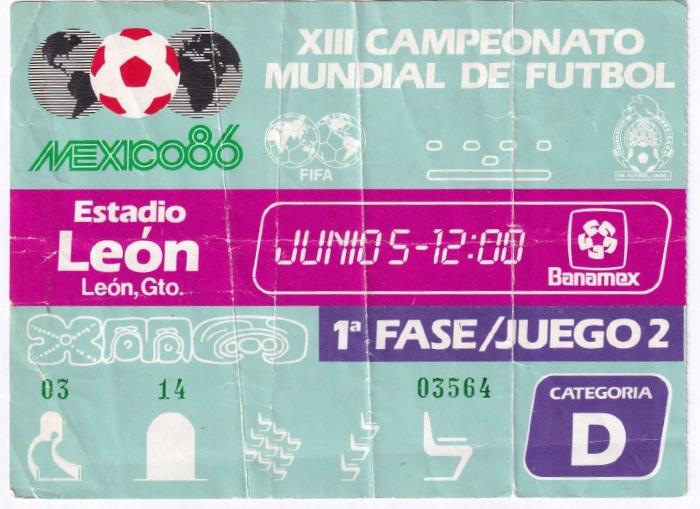 Boleto para Juego 2 en el Estadio León, México 86