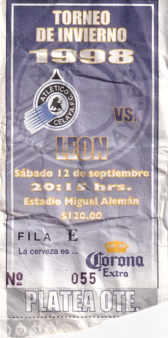 Boleto Atlético Celaya vs León, torneo de Invierno 1998