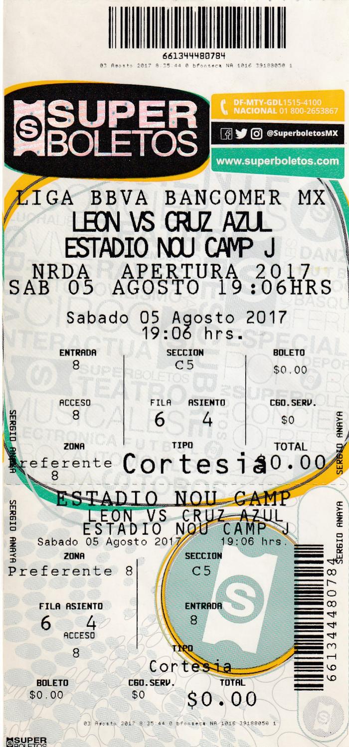 Boleto León vs Cruz Azul, Apertura 2017